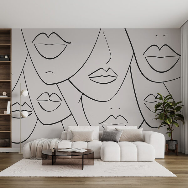 Groep gezichten met lippen en lippen getekend in zwart-wit Fotobehang Groep gezichten met lippen en lippen getekend in zwart-wit