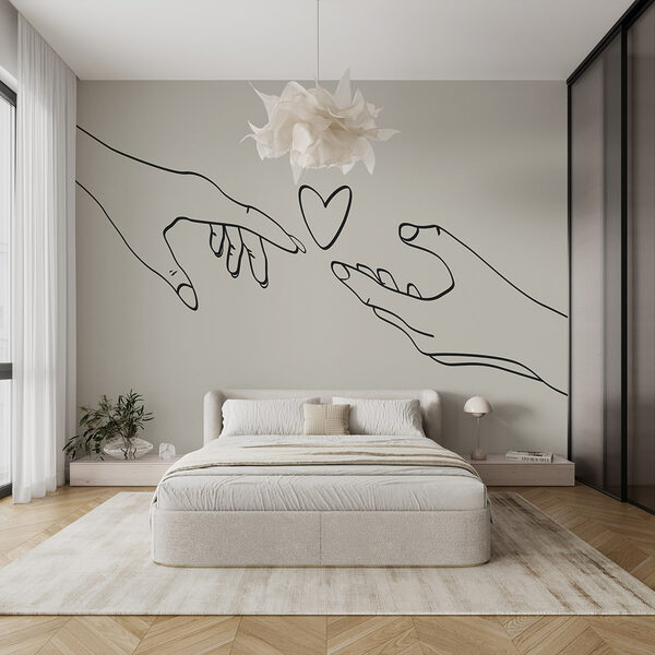 Tekening van twee handen die een hart aanraken Fotobehang Tekening van twee handen die een hart aanraken
