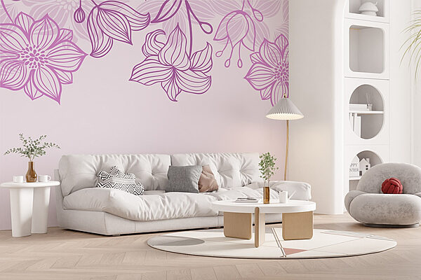 Paarse bloemen en bladeren Fotobehang Paarse bloemen en bladeren