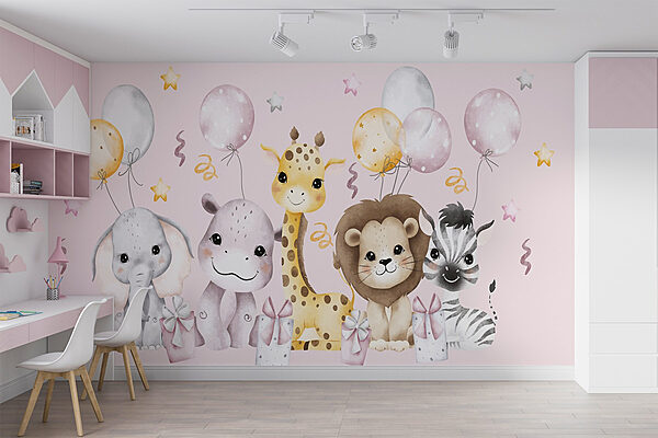 Groep dieren met ballonnen Fotobehang Groep dieren met ballonnen