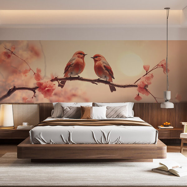 Twee vogels op een tak Fotobehang Twee vogels op een tak