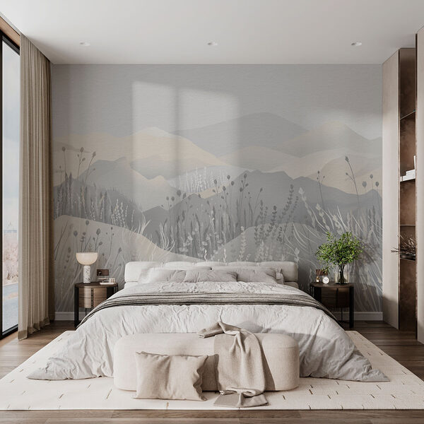 Schilderij van een landschap met bergen en gras Fotobehang Schilderij van een landschap met bergen en gras