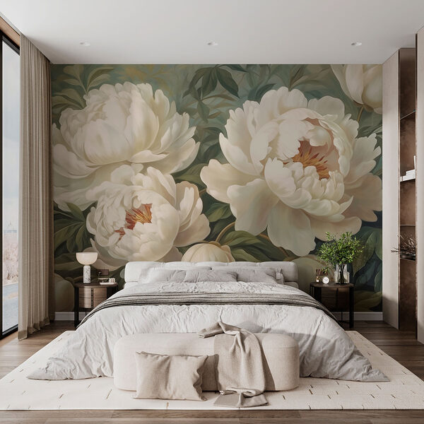 Weelderige bloei van delicate witte bloemblaadjes Fotobehang Weelderige bloei van delicate witte bloemblaadjes
