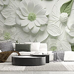 Fotobehang Witte en groene bloemen en bladeren