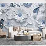 Fotobehang Witte en blauwe bloemen en bladeren