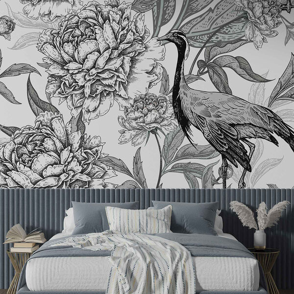 Vogel en bloemen op een witte achtergrond Fotobehang Vogel en bloemen op een witte achtergrond