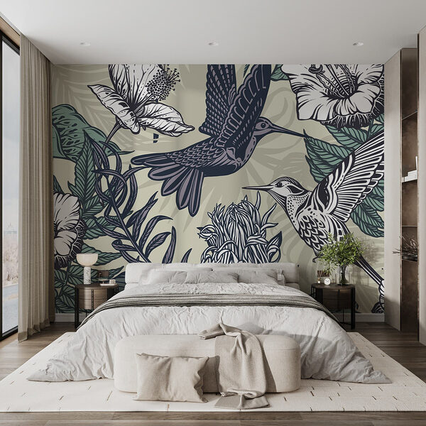 Vogel vliegt over bloemen Fotobehang Vogel vliegt over bloemen