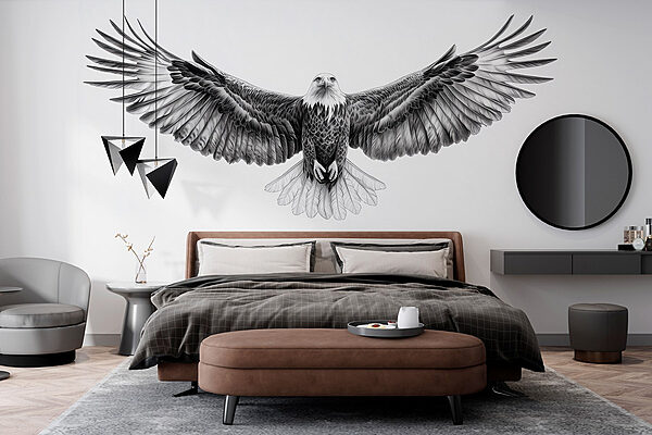 Fotobehang Zwart-wit afbeelding van een vliegende vogel (Artikelnummer: w02370) Fotobehang Fotobehang Zwart-wit afbeelding van een vliegende vogel (Artikelnummer: w02370)