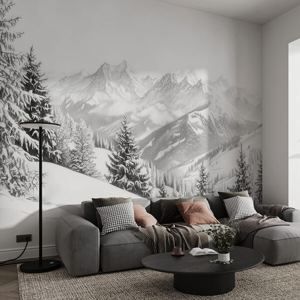 Fotobehang Fotobehang Besneeuwde berg met bomen en bergen op de achtergrond (Artikelnummer: w02353)
