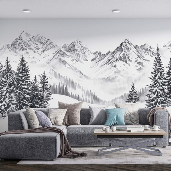 Fotobehang Fotobehang Tekening van een besneeuwde bergketen (Artikelnummer: w02352)