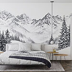 Fotobehang Tekening van een besneeuwde bergketen