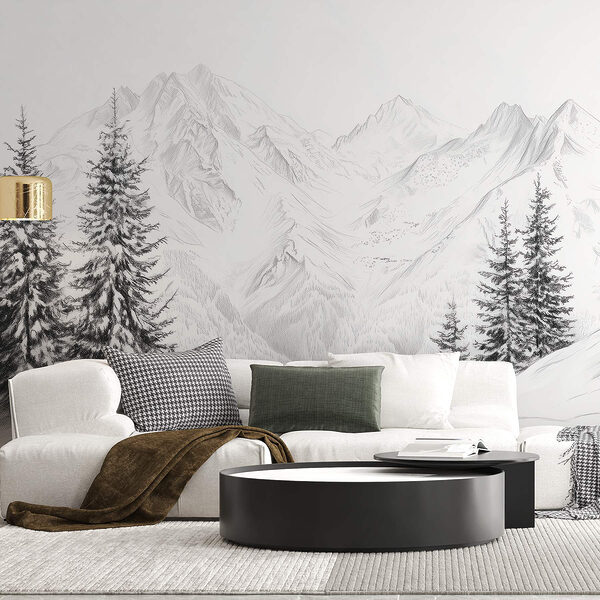 Fotobehang Tekening van een besneeuwde bergketen