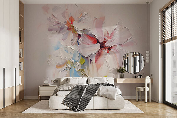 Schilderij van bloemen op een wit oppervlak Fotobehang Schilderij van bloemen op een wit oppervlak