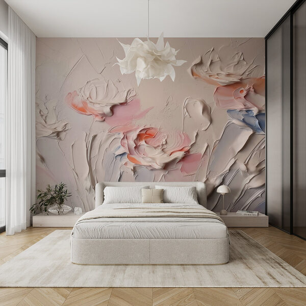 Schilderij van bloemen met witte en roze verf Fotobehang Schilderij van bloemen met witte en roze verf