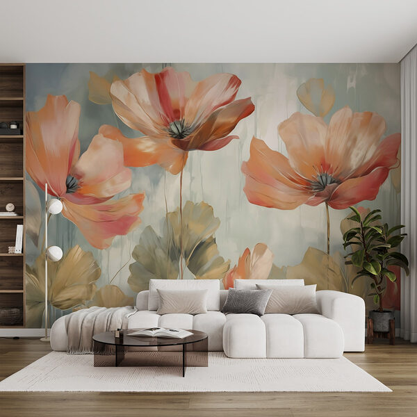 Schilderij van bloemen op een muur Fotobehang Schilderij van bloemen op een muur