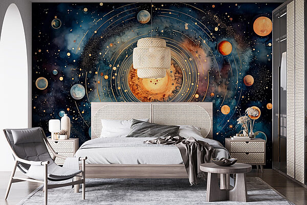 Schilderen van planeten in de ruimte Fotobehang Schilderen van planeten in de ruimte