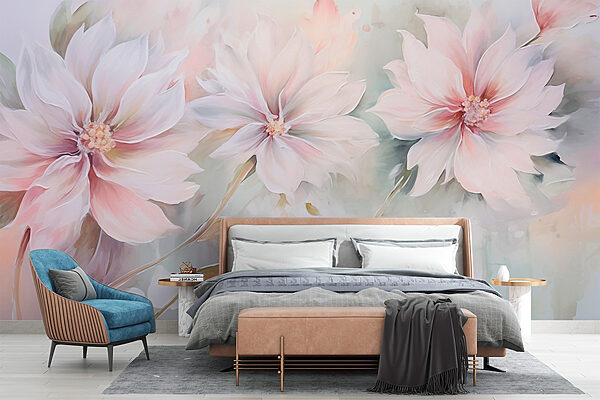 Schilderij van bloemen op een wit oppervlak Fotobehang Schilderij van bloemen op een wit oppervlak