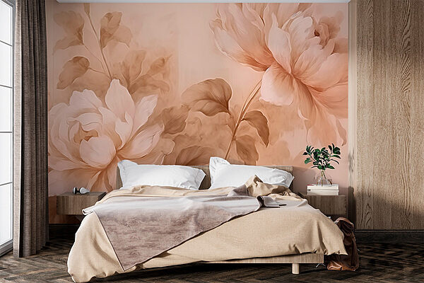 Schilderij van bloemen en bladeren Fotobehang Schilderij van bloemen en bladeren