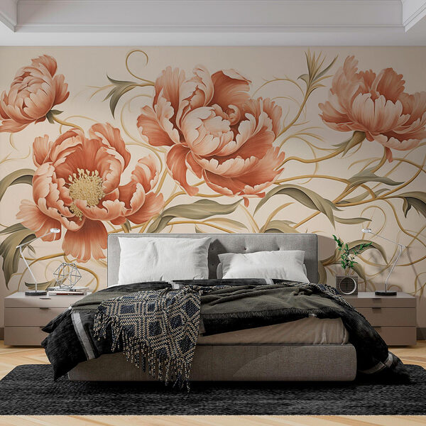 Schilderij van bloemen en wijnranken Fotobehang Schilderij van bloemen en wijnranken