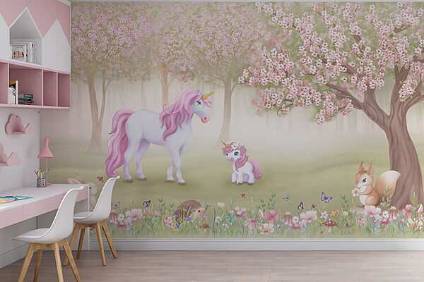 Eenhoorn en een eekhoorn in een bos Fotobehang Eenhoorn en een eekhoorn in een bos