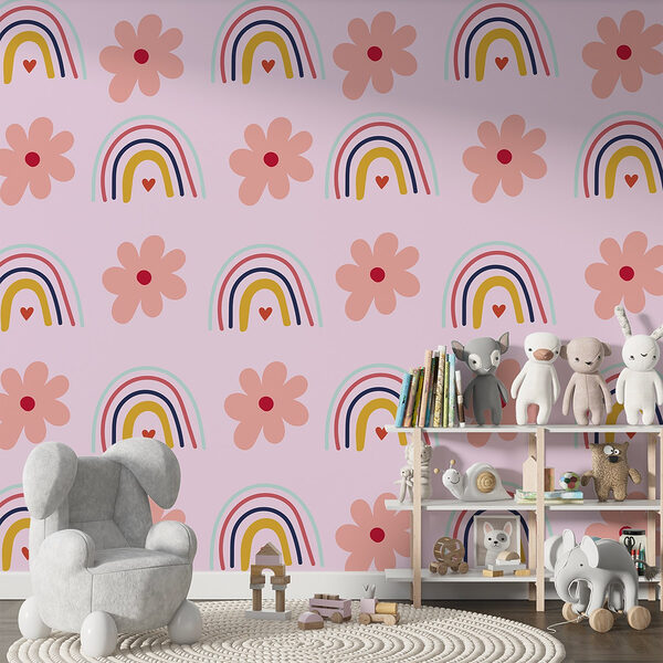 Patroon van bloemen en regenbogen Fotobehang Patroon van bloemen en regenbogen