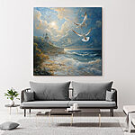 Canvas Schilderijen Schilderij van vogels vliegend over een strand