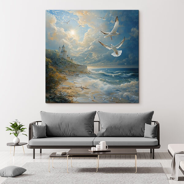 Schilderij van vogels vliegend over een strand Canvas Schilderijen Schilderij van vogels vliegend over een strand