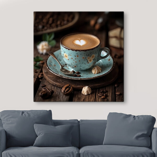 Kop koffie met hartvormig schuim in het schuim Canvas Schilderijen Kop koffie met hartvormig schuim in het schuim