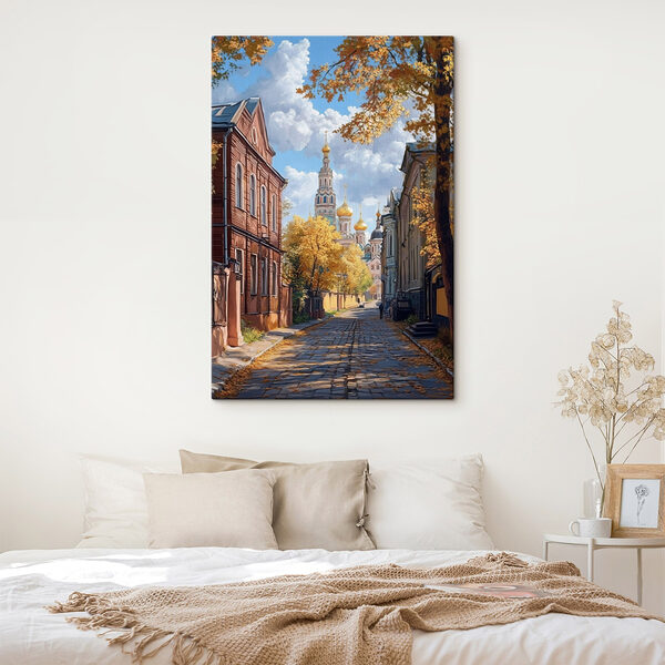 Straat met gebouwen en bomen Canvas Schilderijen Straat met gebouwen en bomen