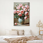 Canvas Schilderijen Schilderij van roze bloemen in een vaas