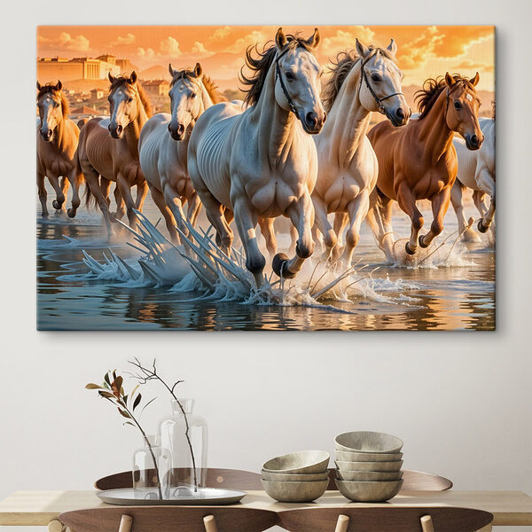 Groep paarden loopt door water Canvas Schilderijen Groep paarden loopt door water