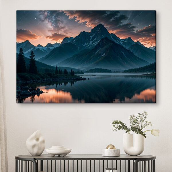 Meer met bergen op de achtergrond Canvas Schilderijen Meer met bergen op de achtergrond
