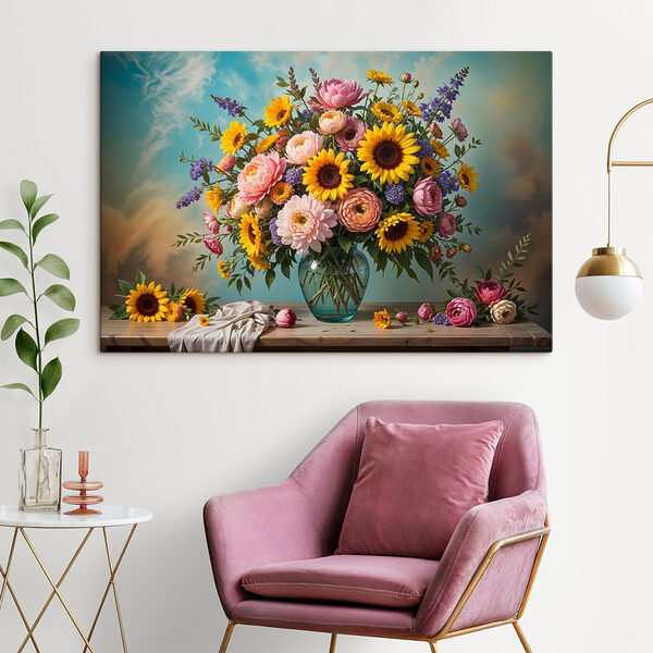 Vaas met bloemen op een tafel Canvas Schilderijen Vaas met bloemen op een tafel