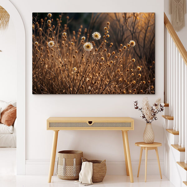 Groep witte bloemen op bruine stengels Canvas Schilderijen Groep witte bloemen op bruine stengels