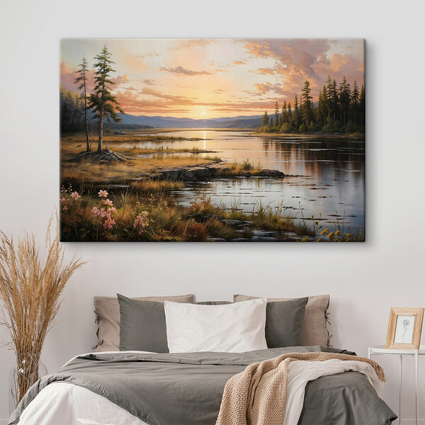 Landschap van een meer met een zonsondergang Canvas Schilderijen Landschap van een meer met een zonsondergang