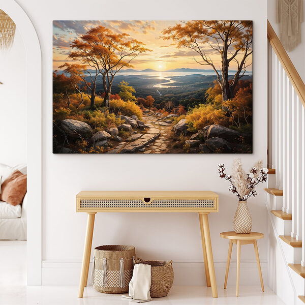Pad door een vallei met bomen en een rivier Canvas Schilderijen Pad door een vallei met bomen en een rivier