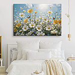 Canvas Schilderijen Groep vlinders vliegend over een veld met bloemen