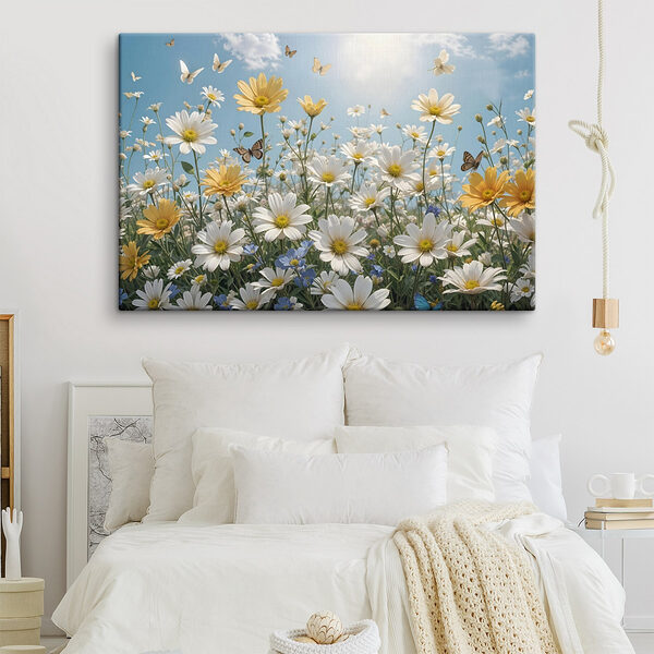 Groep vlinders vliegend over een veld met bloemen Canvas Schilderijen Groep vlinders vliegend over een veld met bloemen