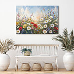 Canvas Schilderijen Bloemenveld met blauwe lucht en wolken