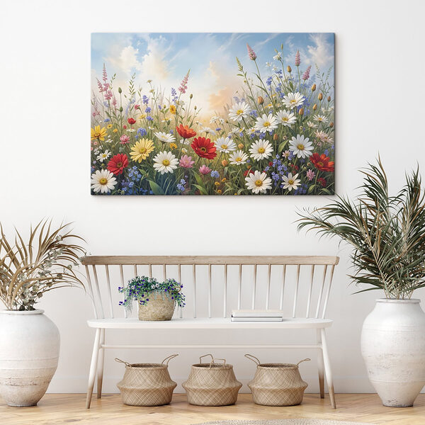Bloemenveld met blauwe lucht en wolken Canvas Schilderijen Bloemenveld met blauwe lucht en wolken