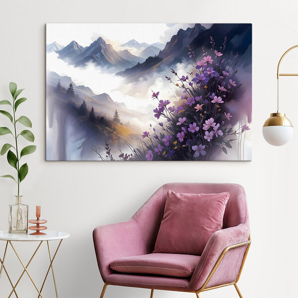 Paarse bloemen op een berg Canvas Schilderijen Paarse bloemen op een berg