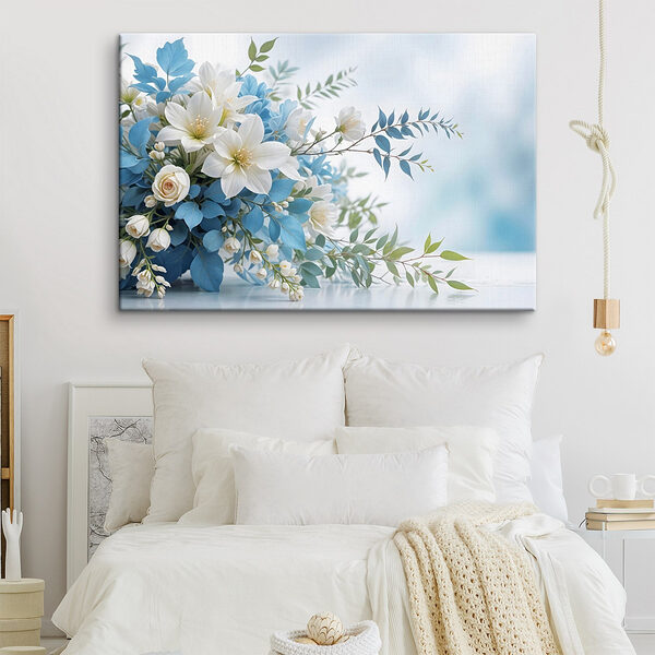 Boeket van witte en blauwe bloemen Canvas Schilderijen Boeket van witte en blauwe bloemen