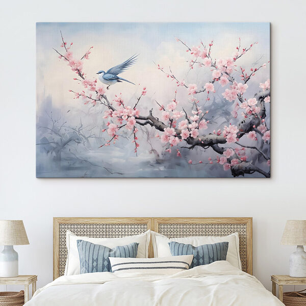 Vogel op een tak met roze bloemen Canvas Schilderijen Vogel op een tak met roze bloemen