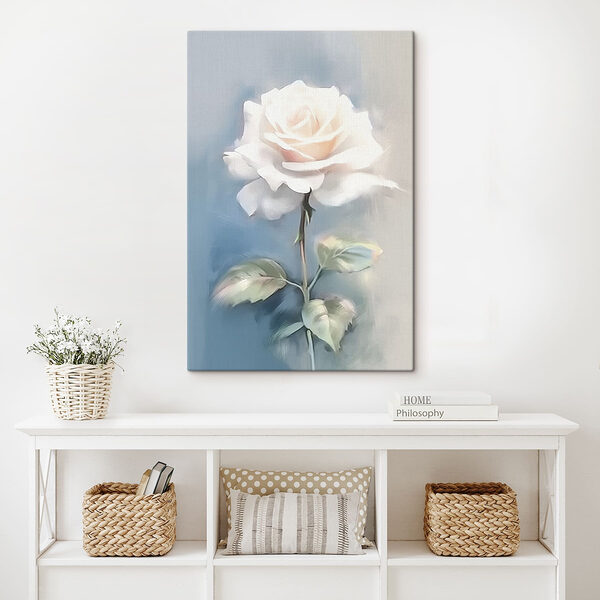 Witte roos met groene bladeren Canvas Schilderijen Witte roos met groene bladeren