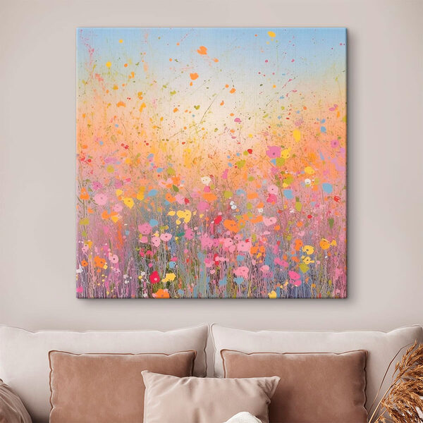 Schilderij van bloemen in een veld Canvas Schilderijen Schilderij van bloemen in een veld