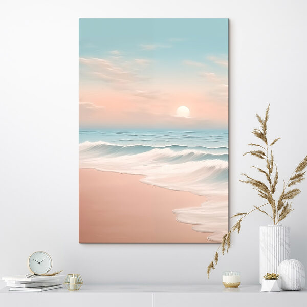 Strand met golven en een zonsondergang Canvas Schilderijen Strand met golven en een zonsondergang