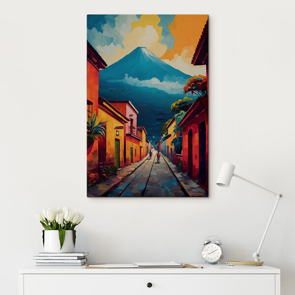 Schilderij van een straat met gebouwen en een berg op de achtergrond Canvas Schilderijen Schilderij van een straat met gebouwen en een berg op de achtergrond