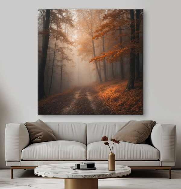 Mistig bos met bomen en bladeren Canvas Schilderijen Mistig bos met bomen en bladeren