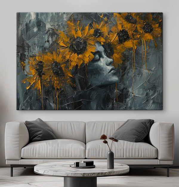 Schilderij van een vrouw met gele bloemen Canvas Schilderijen Schilderij van een vrouw met gele bloemen