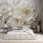 Fotobehang Witte bloemen met bladeren